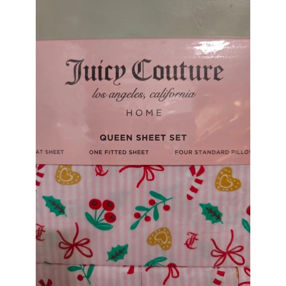 Juicy Couture Christmas Pink Green Queen‎ Sheet Set Los Angeles NWT